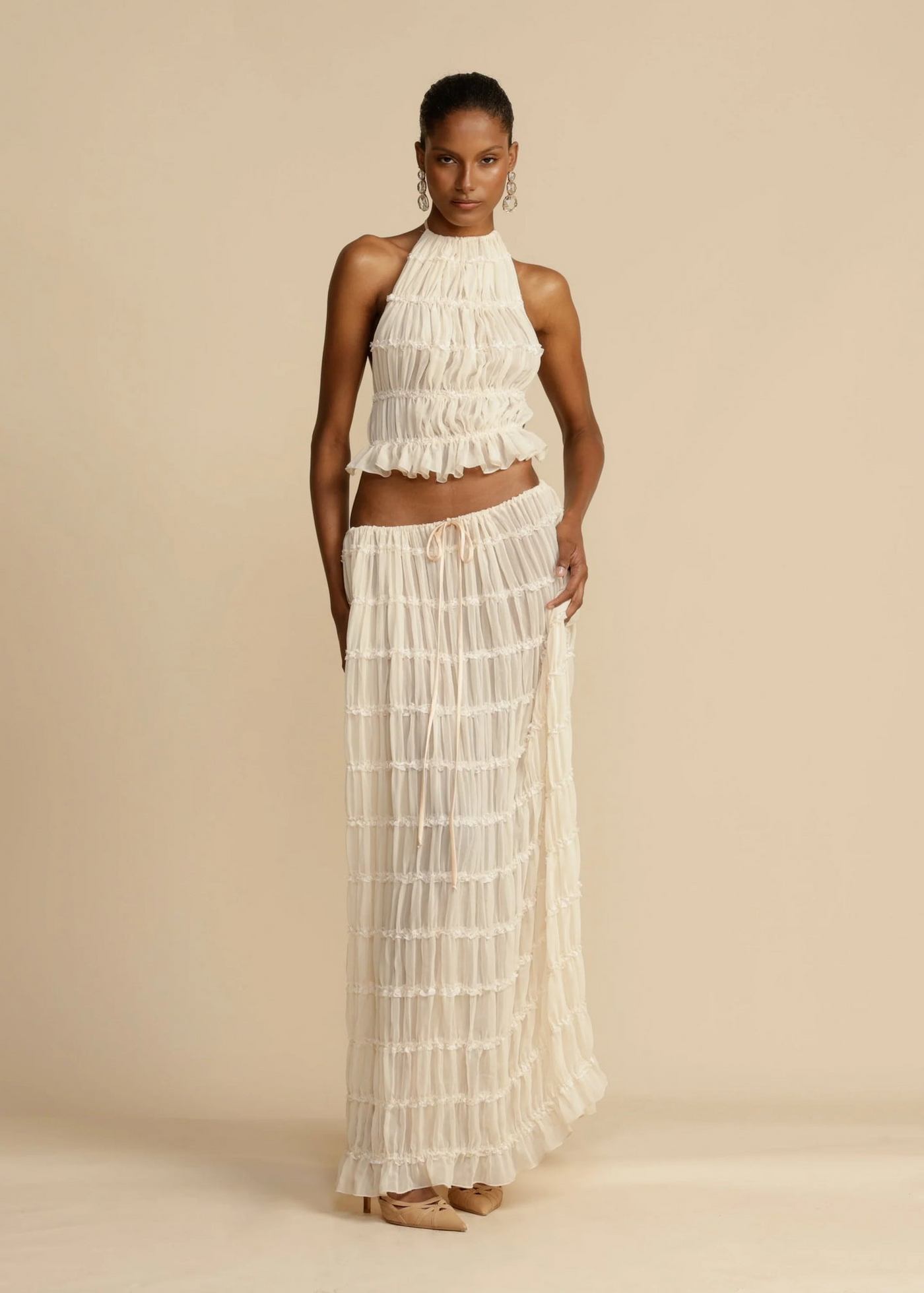 Beach Glamor Set: Backless Crop Top and Long Lace-up Skirt