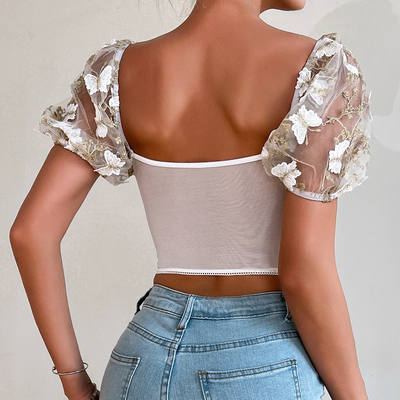 Embroidered Puff Sleeve V-Neck Crop Top