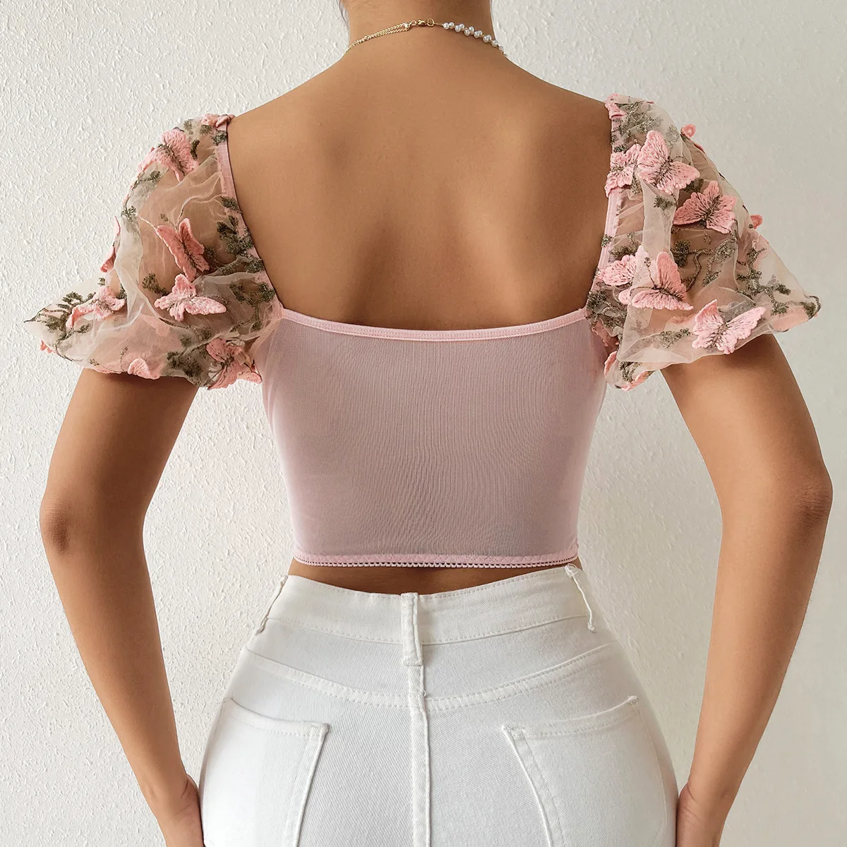 Embroidered Puff Sleeve V-Neck Crop Top